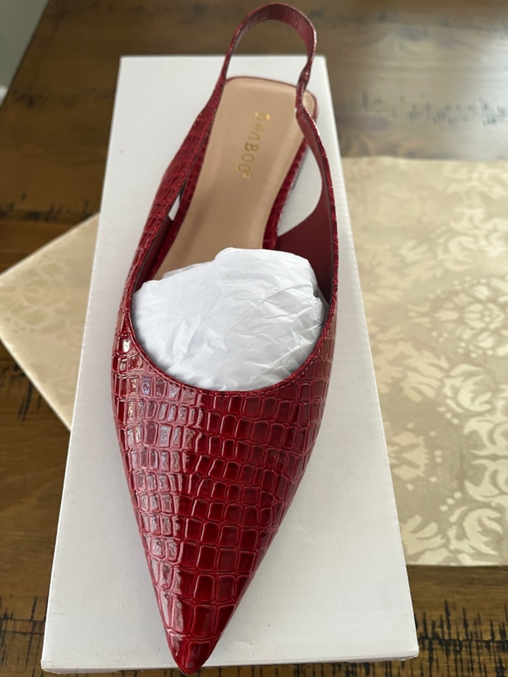 BAMBOO Red Croc-Embossed Pointed Slingback Flat and Canvas Leopard Pointed